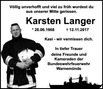 Traueranzeige von Karsten Langer von Ostsee-Zeitung