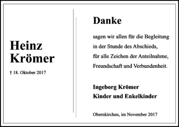 Traueranzeige von Krömer Heinz von Schaumburger Nachrichten