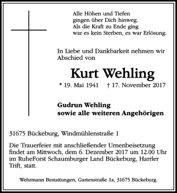 Traueranzeige von Kurt Wehling von Schaumburger Nachrichten
