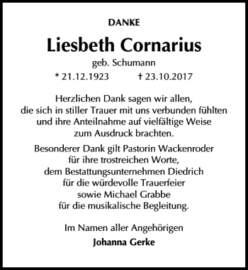 Traueranzeige von Liesbeth Cornarius von Göttinger Tageblatt