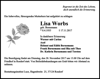 Traueranzeige von Lisa Worbs von Göttinger Tageblatt