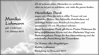 Traueranzeige von Luhmann Monika von Schaumburger Nachrichten