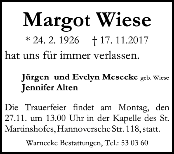 Traueranzeige von Margot Wiese von HAZ/NP