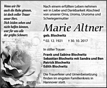 Traueranzeige von Marie Altner von Torgauer Zeitung