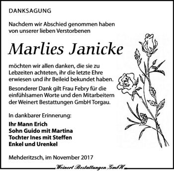 Traueranzeige von Marlies Janicke von Torgauer Zeitung