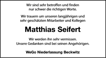 Traueranzeige von Matthias Seifert von Torgauer Zeitung