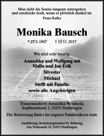 Traueranzeige von Monika Bausch von Schaumburger Nachrichten