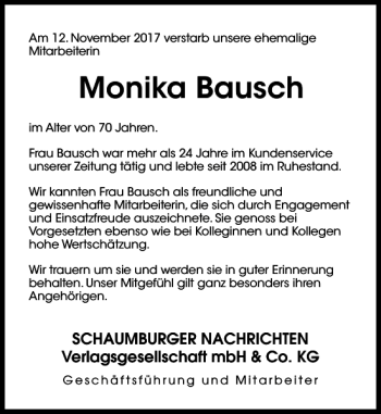 Traueranzeige von Monika Bausch von Schaumburger Nachrichten