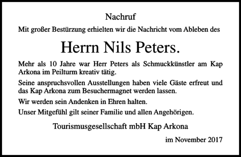  Traueranzeige für Nils Peters vom 08.11.2017 aus Ostsee-Zeitung