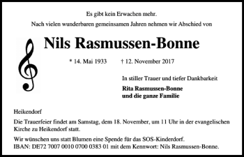 Traueranzeige von Nils Rasmussen-Bonne von Kieler Nachrichten / Segeberger Zeitung