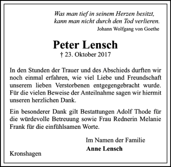Traueranzeige von Peter Lensch von Kieler Nachrichten / Segeberger Zeitung
