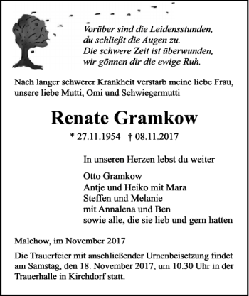 Traueranzeige von Renate Gramkow von Ostsee-Zeitung