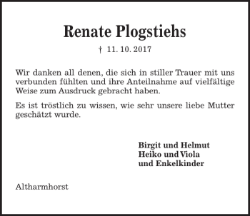 Traueranzeige von Renate Plogstiehs von Kieler Nachrichten / Segeberger Zeitung