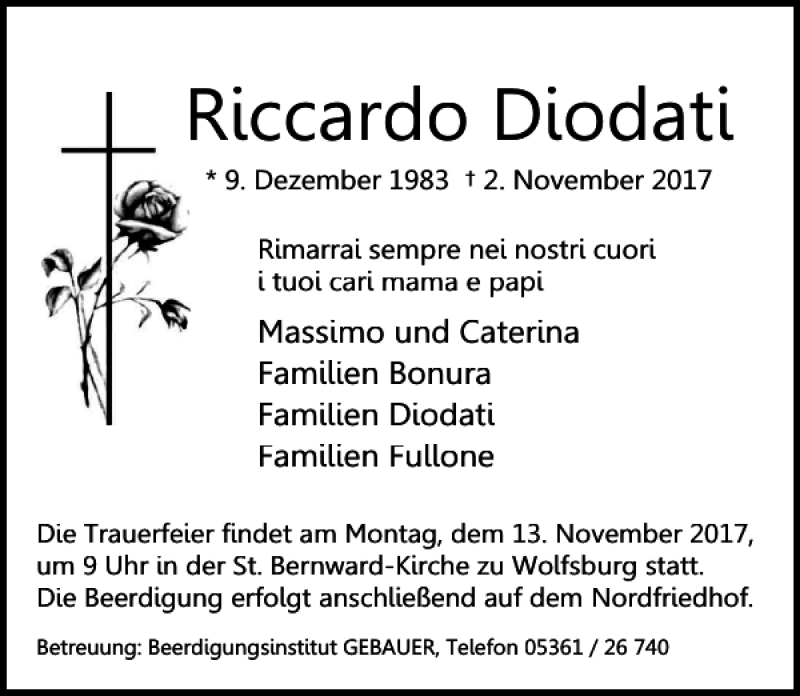  Traueranzeige für Riccardo Diodati vom 08.11.2017 aus Aller Zeitung / Wolfsburger Allgemeine