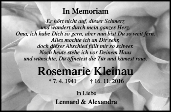 Traueranzeige von Rosemarie Kleinau von Lübecker Nachrichten