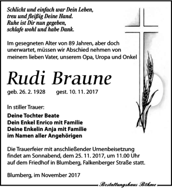 Traueranzeige von Rudi Braune von Torgauer Zeitung