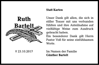 Traueranzeige von Ruth Bartelt von Kieler Nachrichten / Segeberger Zeitung