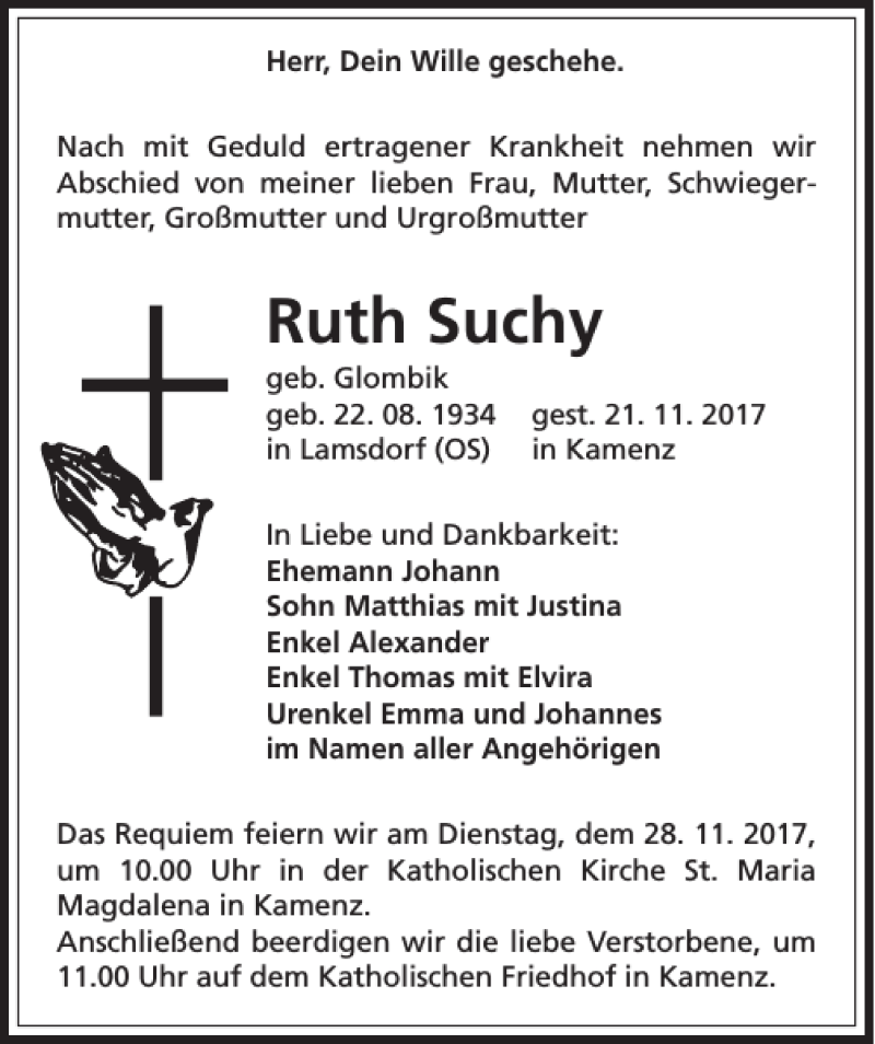  Traueranzeige für Ruth Suchy vom 23.11.2017 aus Sächsische Zeitung