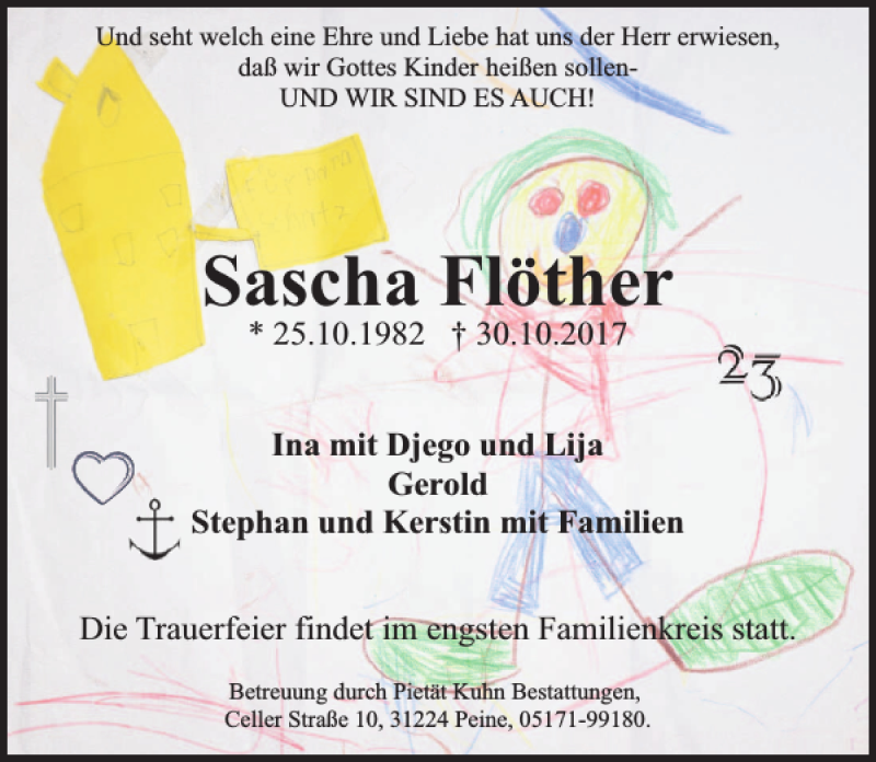  Traueranzeige für Sascha Flöther vom 08.11.2017 aus Peiner Allgemeine Zeitung