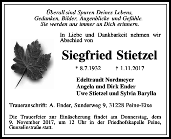 Traueranzeige von Siegfried Stietzel von Peiner Allgemeine Zeitung