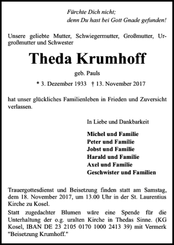Traueranzeige von Theda Krumhoff von Kieler Nachrichten / Segeberger Zeitung