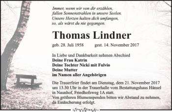 Traueranzeige von Thomas Lindner von Leipziger Volkszeitung