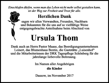 Traueranzeige von Ursula Thom von Ostsee-Zeitung