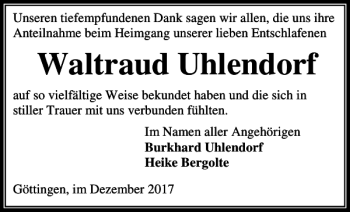 Traueranzeige von Waltraud Uhlendorf von Göttinger Tageblatt