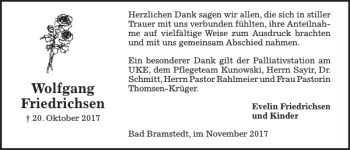 Traueranzeige von Wolfgang Friedrichsen von Kieler Nachrichten / Segeberger Zeitung