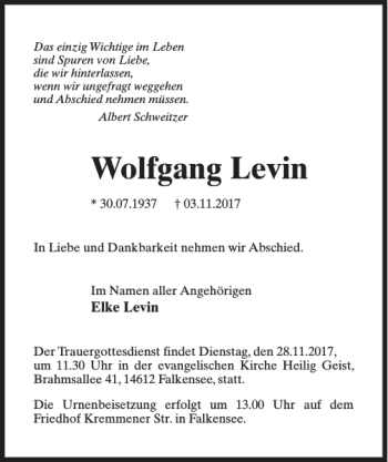 Traueranzeige von Wolfgang Levien von MAZ-Trauer.de