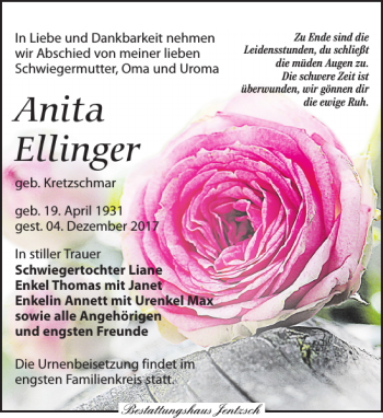 Traueranzeige von Anita Ellinger von Leipziger Volkszeitung