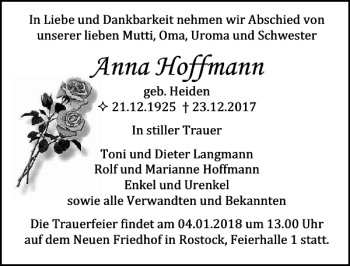 Traueranzeige von Anna Hoffmann von Ostsee-Zeitung