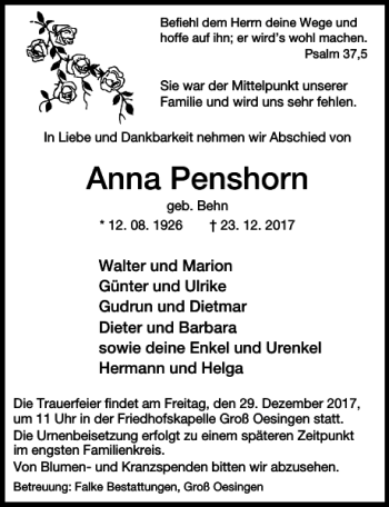 Traueranzeige von Anna Penshorn von Aller Zeitung / Wolfsburger Allgemeine