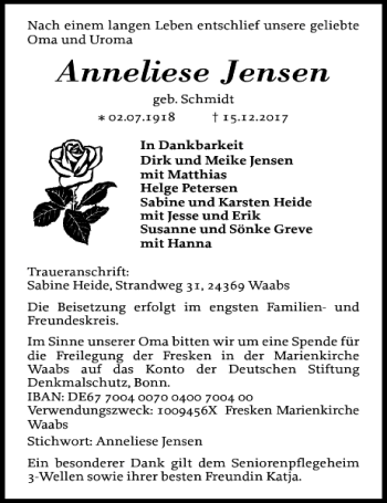 Traueranzeige von Anneliese Jensen von Kieler Nachrichten / Segeberger Zeitung