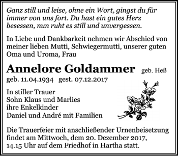 Traueranzeige von Annelore Goldammer von Leipziger Volkszeitung