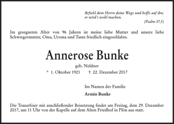 Traueranzeige von Annerose Bunke von Kieler Nachrichten / Segeberger Zeitung