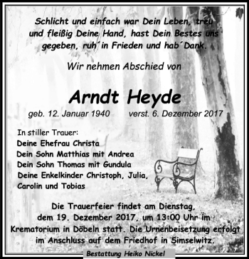 Traueranzeige von Arndt Heyde von Leipziger Volkszeitung