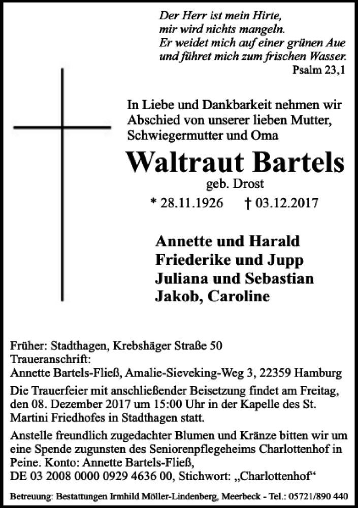  Traueranzeige für Bartels Waltraut vom 05.12.2017 aus Schaumburger Nachrichten