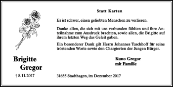 Traueranzeige von Brigitte Gregor von Schaumburger Nachrichten