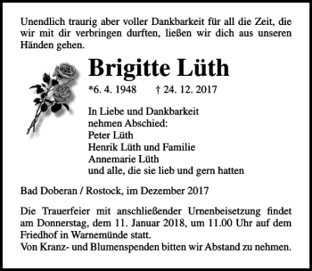Traueranzeige von Brigitte Lüth von Ostsee-Zeitung