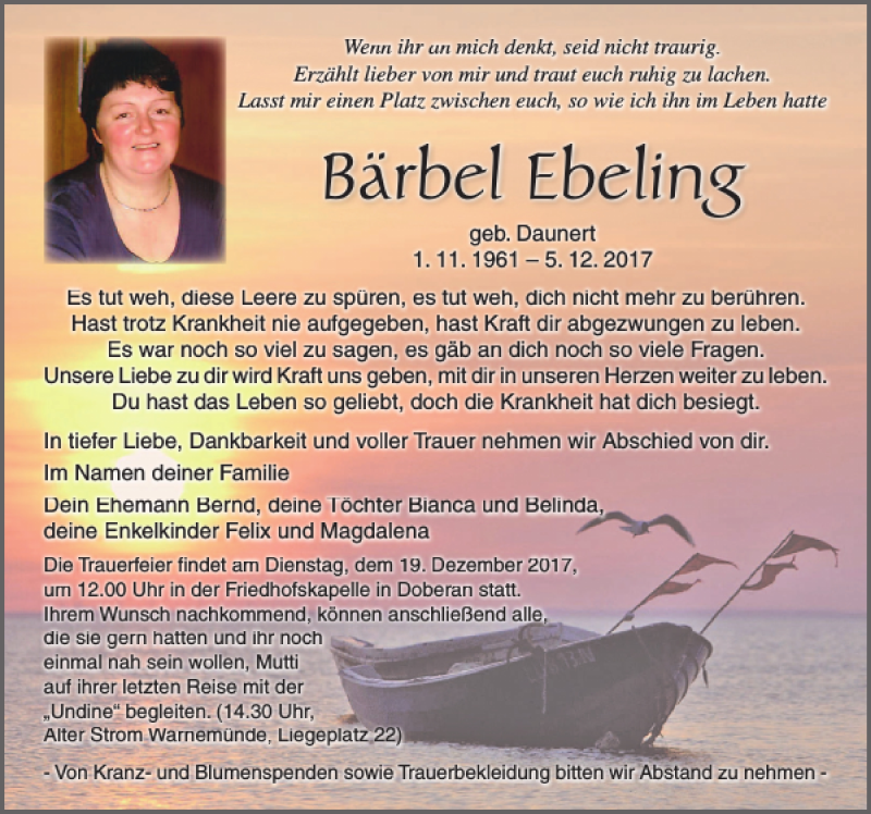  Traueranzeige für Bärbel Ebeling vom 09.12.2017 aus Ostsee-Zeitung