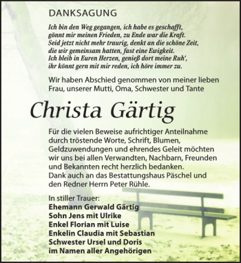 Traueranzeige von Christa Gärtig von Leipziger Volkszeitung