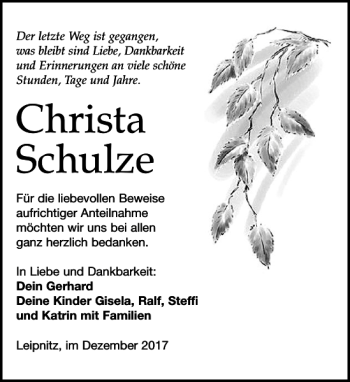 Traueranzeige von Christa Schulze von Leipziger Volkszeitung