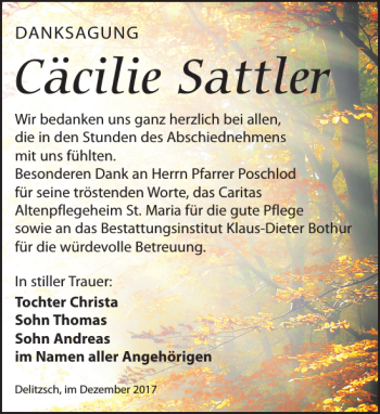 Traueranzeige von Cäcilie Sattler von Leipziger Volkszeitung