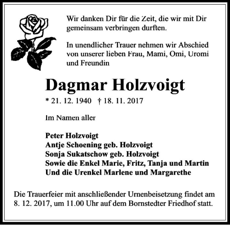  Traueranzeige für Dagmar Holzvoigt vom 02.12.2017 aus MAZ-Trauer.de