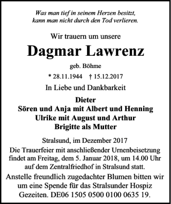 Traueranzeige von Dagmar Lawrenz von Ostsee-Zeitung
