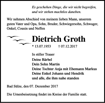 Traueranzeige von Dietrich Groth von Ostsee-Zeitung