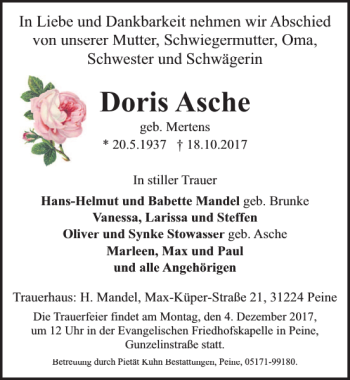 Traueranzeige von Doris Asche von Peiner Allgemeine Zeitung