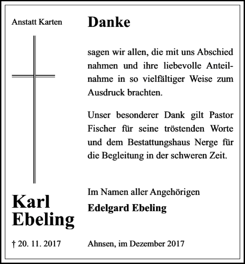  Traueranzeige für Ebeling Karl vom 23.12.2017 aus Schaumburger Nachrichten