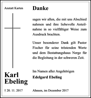 Traueranzeige von Ebeling Karl von Schaumburger Nachrichten